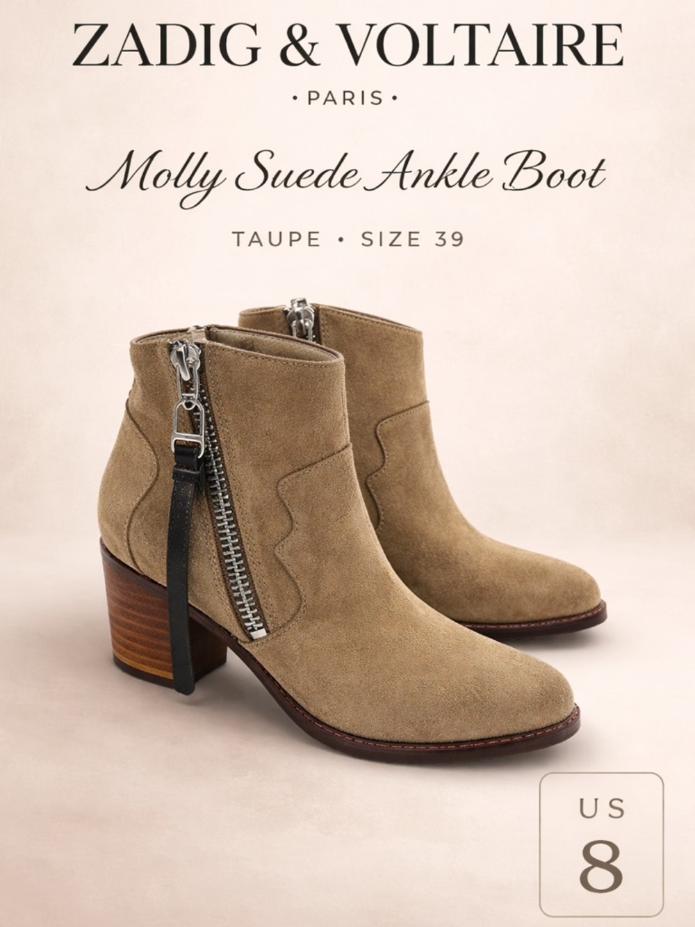 NWT Zadig & Voltaire Molly Taupe Suede Western Block Heel Ankle Boots Womens 8